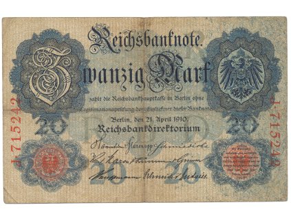 Německo, 20 Mark 1910, 6-místný číslovač, Ro.40a