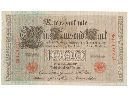 Německo, 1000 Mark 1910, červený 7- místný číslovač, zelená vlákna, Ro.45d