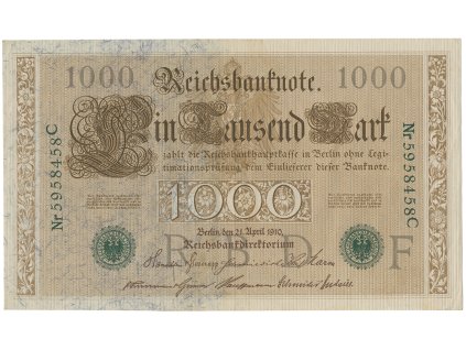 Německo, 1000 Mark 1910, zelený 7-místný číslovač, Ro.46b