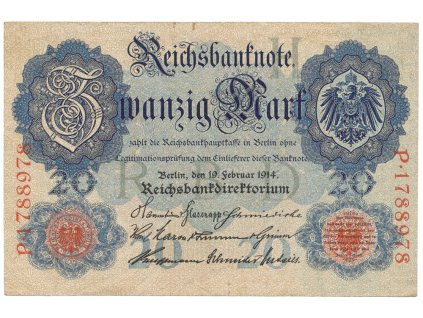 Německo, 20 Mark 1914, 7-místný číslovač, Ro.47b