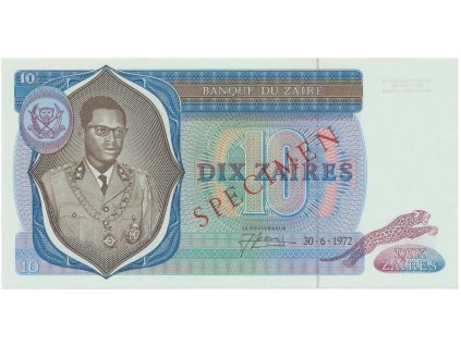 Zaire, 10 Zaires 1972, anulát - SPECIMEN, P.23s