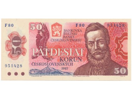 Československo, 50 Koruna 1987, série F, široké sériové číslo, Hej.108bF