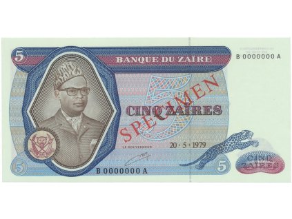Zaire, 5 Zaires 1979, anulát - SPECIMEN, P.22s