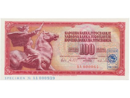 Jugoslávie, 100 Dinara 1965, anulát - SPECIMEN, P.80s