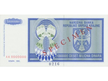 Chorvatsko, 10 Miliona Dinara 1993, anulát - SPECIMEN, P.R11s