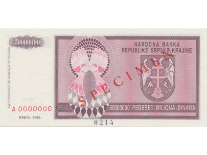 34797 chorvatsko 50 miliona dinara 1993 anulat specimen p r14s