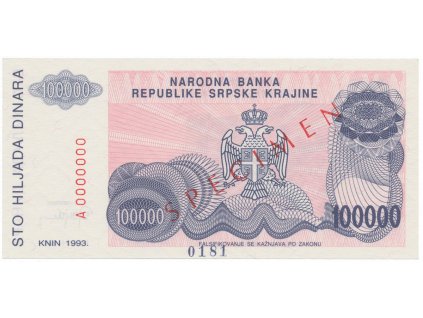 Chorvatsko, 100.000 Dinara 1993, anulát - SPECIMEN, P.R22s