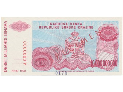 Chorvatsko, 10 Miliardi Dinara 1993, anulát - SPECIMEN, P.R28s