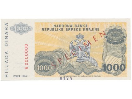 Chorvatsko, 1000 Dinara 1994, anulát - SPECIMEN, P.R30s