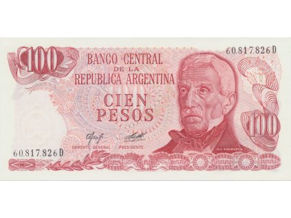 Argentina, 100 Pesos (1976~1978), papír bez ochranných vláken, P.302a