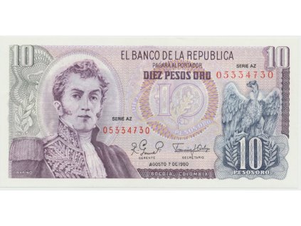 Kolumbie, 10 Pesos Oro 1980, P.407g-h