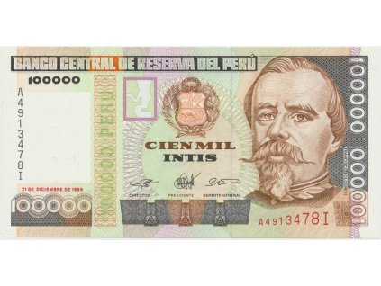 Peru, 100.000 Intis 1988, tisk BdM, P.145
