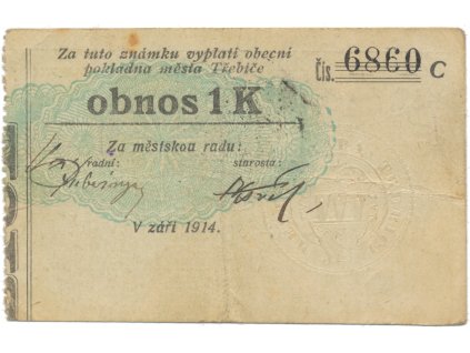 Třebíč - město, 1 K září 1914, silnější K, ručně "Vz", HH.223.5.10s1