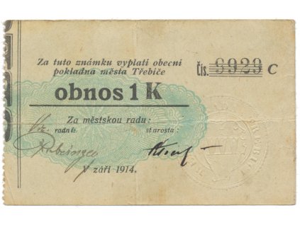 Třebíč - město, 1 K září 1914, slabší K, ručně "Vz", HH.223.5.10s2