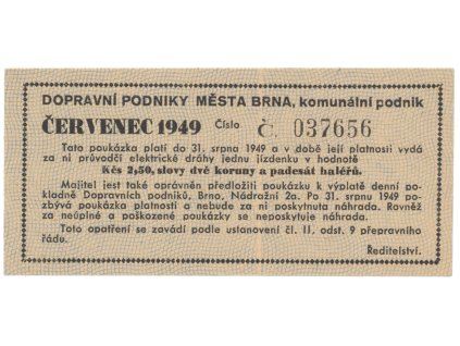 Brno - elektrické dráhy, 2.50 Kčs červenec 1949, HH.16.1.6