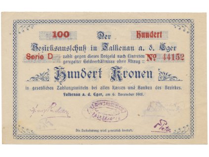 Falkenau (Falknov) - okres, 100 K  1918, HH.46.1.9b