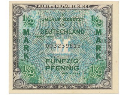 Okupační poukázky Allierte, 1/2 Mark 1944, tisk USA, 9-místný číslovač, Hej.AM1a