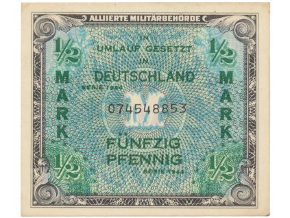 Okupační poukázky Allierte, 1/2 Mark 1944, tisk USA, 9-místný číslovač, Hej.AM1a