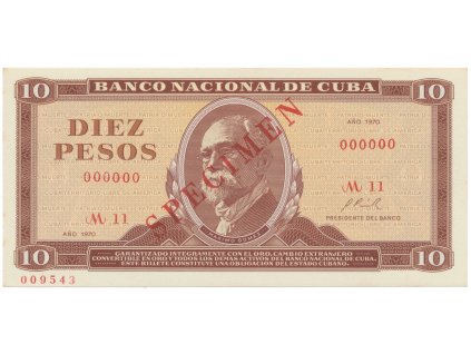 Kuba, 10 Pesos 1970, tisk STC Praha, anulát - SPECIMEN, bankovní vzor, P.104as