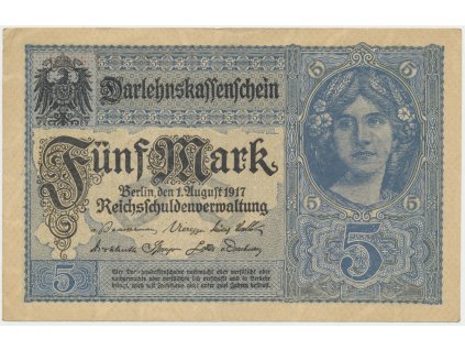 Německo, 5 Mark 1917, šedomodrá, 8-místný číslovač, Ro.54b