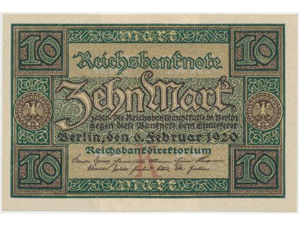 Německo, 10 Mark 1920, 7-místný číslovač, Ro.63a