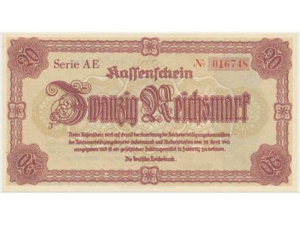 44577 reichenberg liberec deutsche reichsbank 20 k 28 4 1945 serie ae hh 188 1 1a
