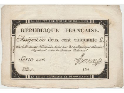 Francie, 250 Livres 1793, P.A75, včetně archového okraje