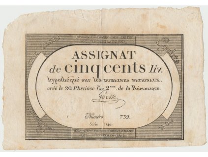 Francie, 500 Livres 1794, P.A77, včetně archového okraje