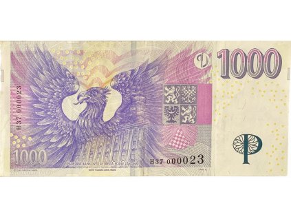 Česká republika, 1000 Koruna 2008, pěkné nízké číslo H 37  000023, Hej.CZ28aH