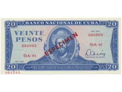 Kuba, 20 Pesos 1978, tisk STC Praha, anulát - ESPECIMEN, bankovní vzor, P.105bs