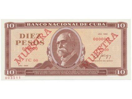 Kuba, 10 Pesos 1988, tisk STC Praha, anulát - 2x MUESTRA, bankovní vzor, P.104ds