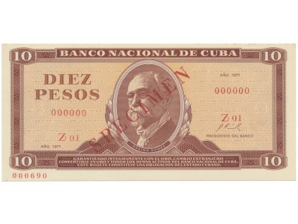 Kuba, 10 Pesos 1971, tisk STC Praha, anulát - SPECIMEN, bankovní vzor, P.104as