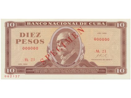 Kuba, 10 Pesos 1969, tisk STC Praha, anulát - SPECIMEN, bankovní vzor, P.104as