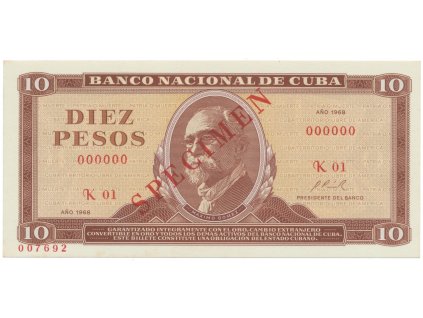 Kuba, 10 Pesos 1968, tisk STC Praha, anulát - SPECIMEN, bankovní vzor, P.104as