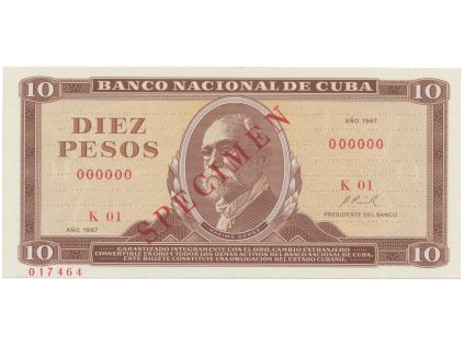 Kuba, 10 Pesos 1967, tisk STC Praha, anulát - SPECIMEN, bankovní vzor, P.104as