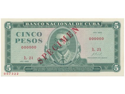 45771 45771 kuba 5 pesos 1968 tisk stc praha anulat specimen bankovni vzor p 103as
