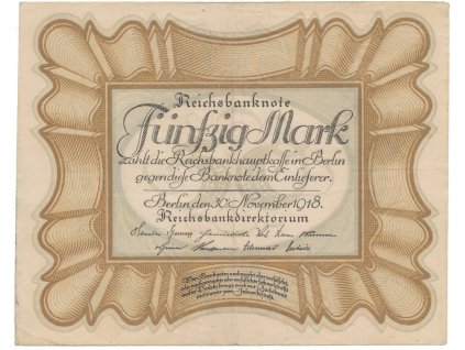 Německo, 50 Mark 1918, "EIERSCHEIN", nejvzácnější varianta, Ro.57c