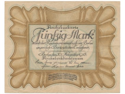Německo, 50 Mark 1918, "EIERSCHEIN", nejvzácnější varianta, Ro.57c