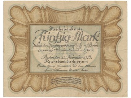 Německo, 50 Mark 1918, "EIERSCHEIN", nejvzácnější varianta, Ro.57c