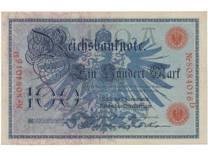 45879 nemecko 100 mark 1908 cerveny cislovac 29 mm ro 33b