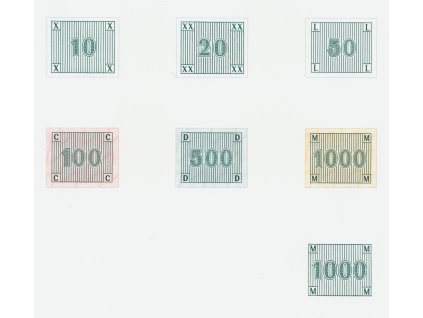 Česká republika, sada bankovkových kolků měnové odluky 1993, součást kompletu novotisků vytištěných STC Praha, náklad 500 ks