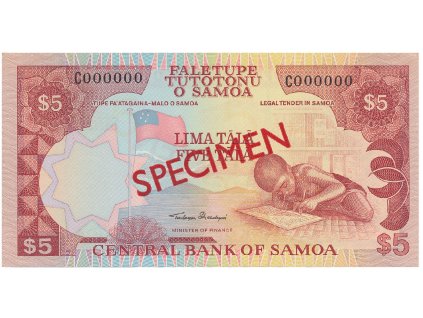 Samoa, 5 Tala (2002), bankovní vzor, C 000000, přetisk SPECIMEN, P.33as