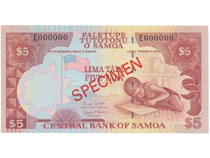 Samoa, 5 Tala (2002), bankovní vzor, E 000000, přetisk SPECIMEN, P.33bs