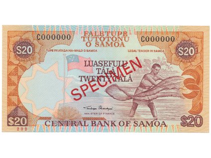 Samoa, 20 Tala (2002), bankovní vzor, C 000000, přetisk SPECIMEN, P.35as