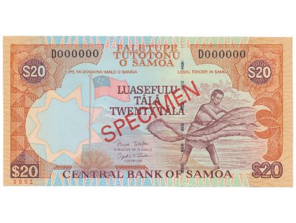 Samoa, 20 Tala (2002), bankovní vzor, D 000000, přetisk SPECIMEN, P.35bs