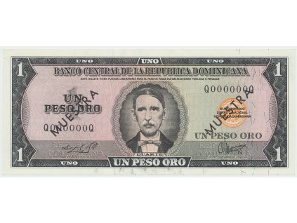 Dominikánská republika, 1 Peso Oro (1964~1974), bank. vzor, Q000000Q, přetisk 2x MUESTRA, P.99s4