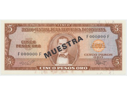 Dominikánská republika, 5 Pesos Oro (1964~1974), bank. vzor, F000000F, přetisk 1x MUESTRA, P.100s3