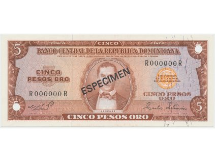 47421 47421 dominikanska republika 5 pesos oro 1964 1974 bank vzor r000000r pretisk 1x especimen p 100s2