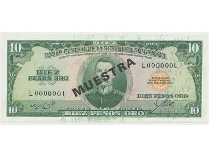 47427 47427 dominikanska republika 10 pesos oro 1964 1974 bank vzor l000000l pretisk 1x muestra p 101s1