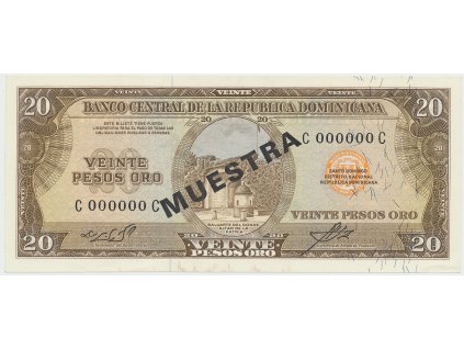 Dominikánská republika, 20 Pesos Oro (1964~1974), bank. vzor, C000000C, přetisk 1x MUESTRA, P.102s1